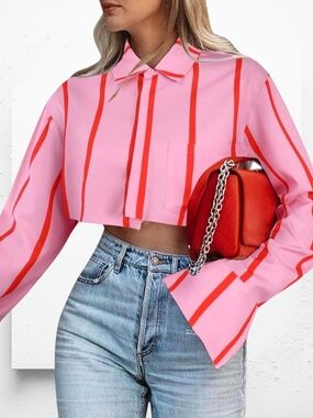 Candy Striped Cropped Button-Down Top ▪︎ Pink/Red ▪︎ Sz XL